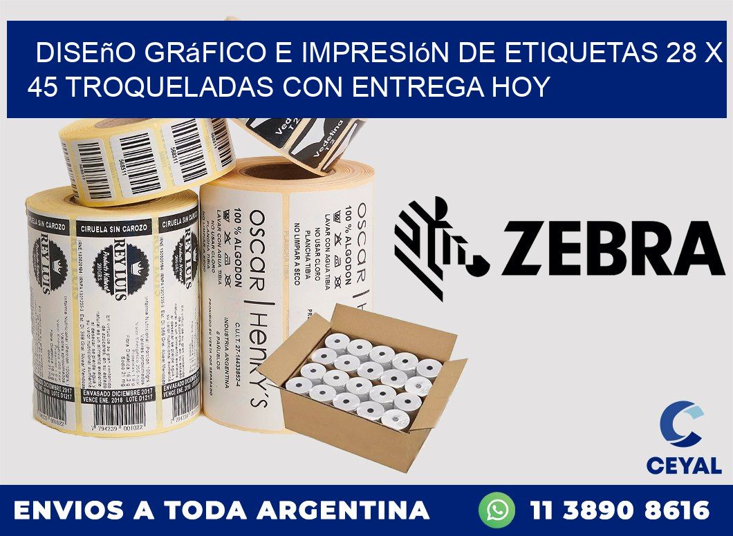 Diseño gráfico e impresión de etiquetas 28 x 45 troqueladas con entrega hoy