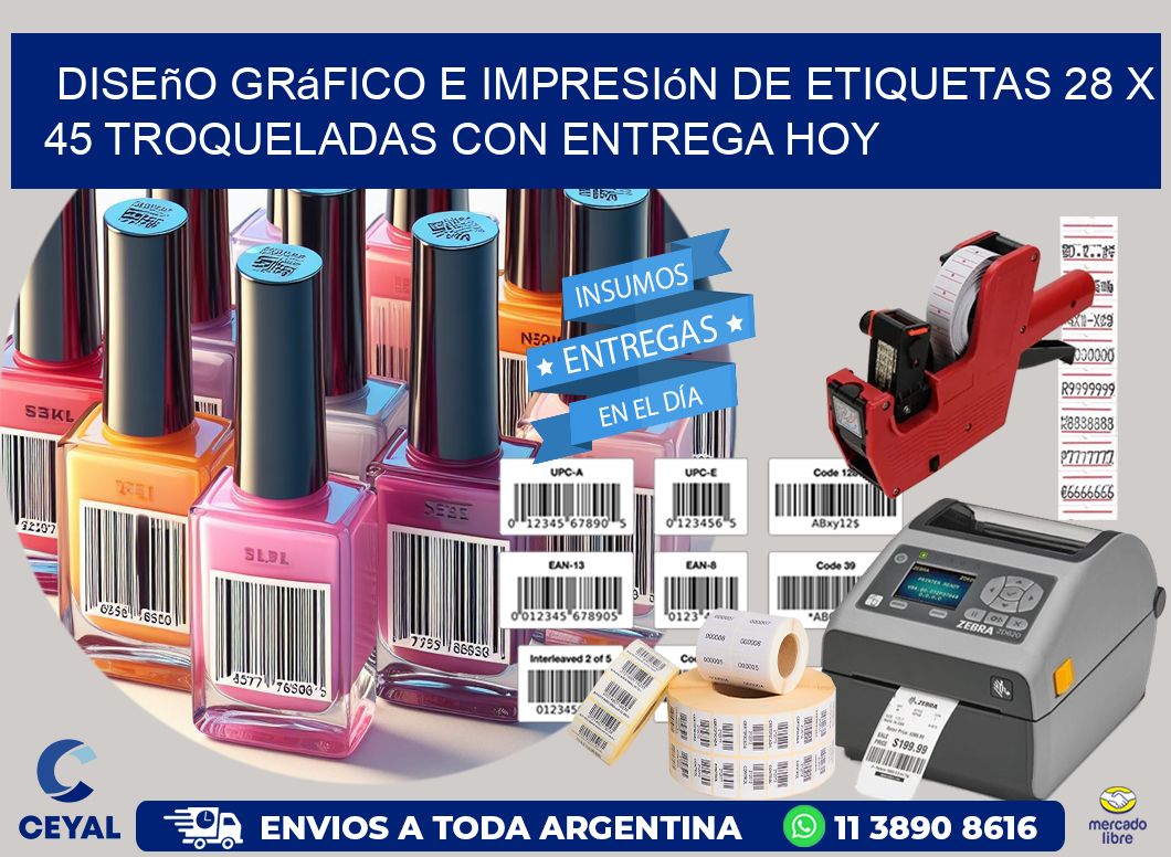 Diseño gráfico e impresión de etiquetas 28 x 45 troqueladas con entrega hoy