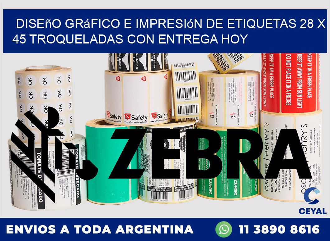 Diseño gráfico e impresión de etiquetas 28 x 45 troqueladas con entrega hoy