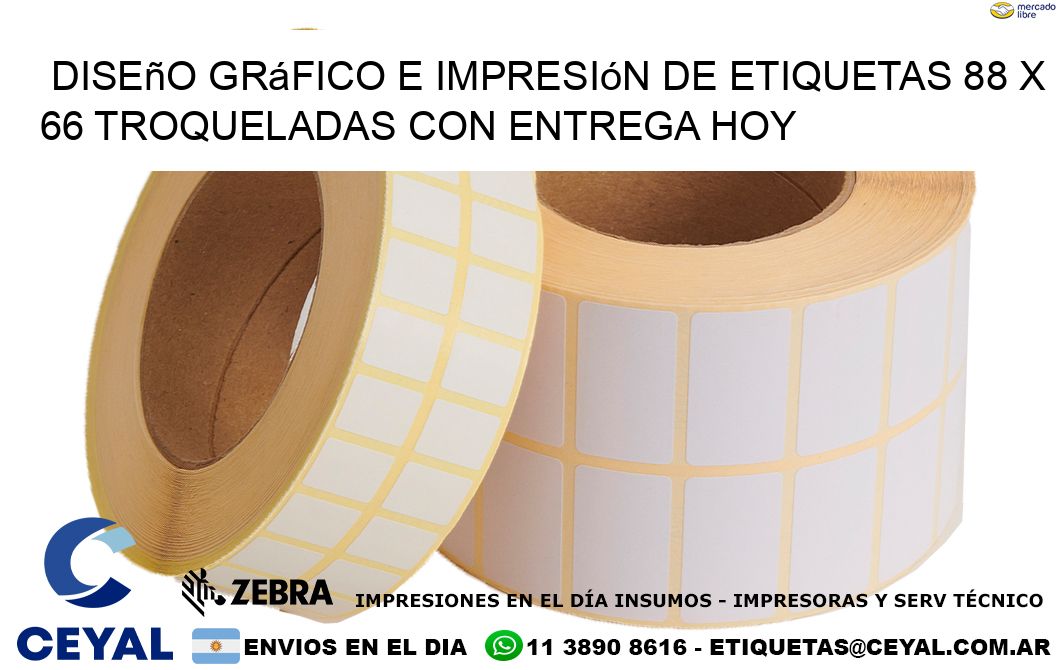 Diseño gráfico e impresión de etiquetas 88 x 66 troqueladas con entrega hoy