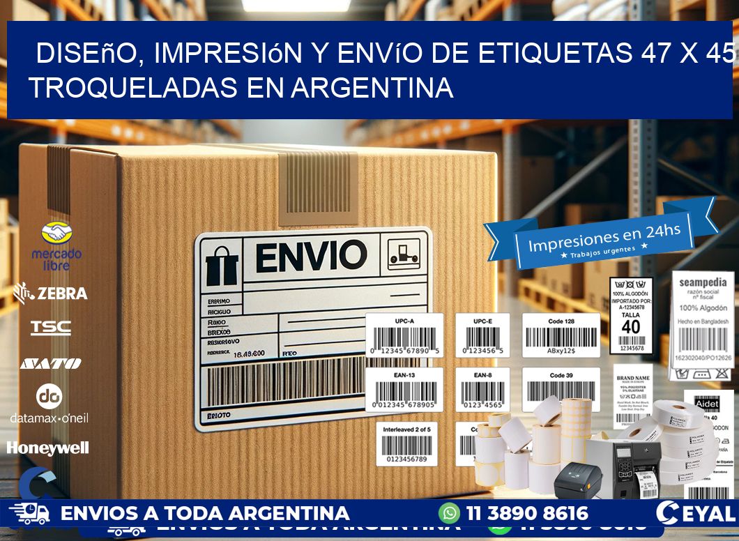Diseño, impresión y envío de etiquetas 47 x 45 troqueladas en Argentina