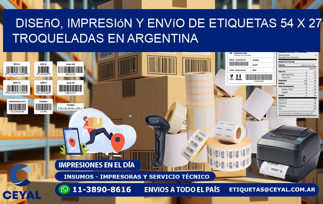 Diseño, impresión y envío de etiquetas 54 x 27 troqueladas en Argentina