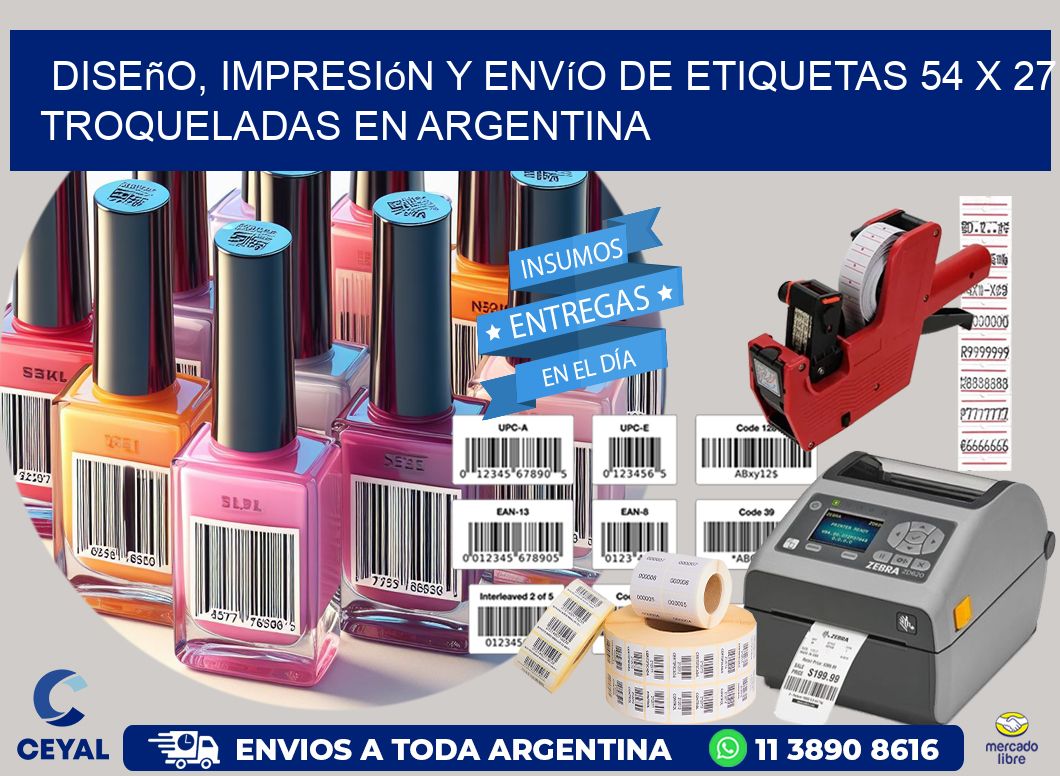 Diseño, impresión y envío de etiquetas 54 x 27 troqueladas en Argentina
