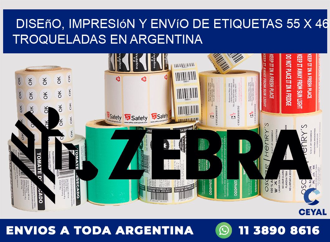 Diseño, impresión y envío de etiquetas 55 x 46 troqueladas en Argentina