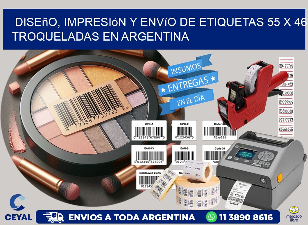 Diseño, impresión y envío de etiquetas 55 x 46 troqueladas en Argentina