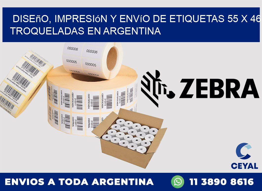 Diseño, impresión y envío de etiquetas 55 x 46 troqueladas en Argentina