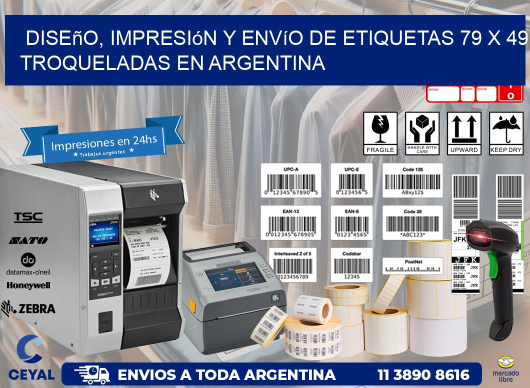 Diseño, impresión y envío de etiquetas 79 x 49 troqueladas en Argentina