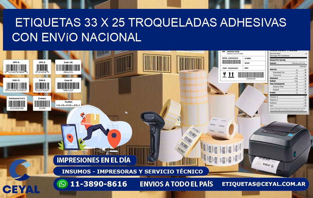 Etiquetas 33 x 25 troqueladas adhesivas con envío nacional