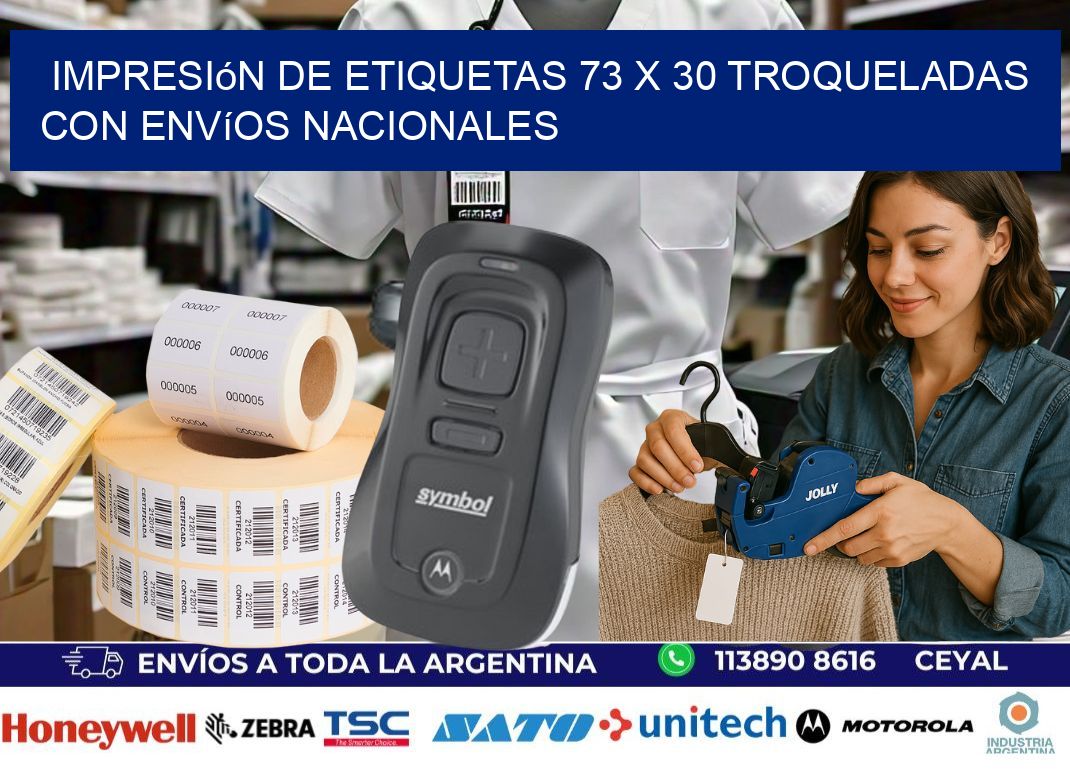 Impresión de etiquetas 73 x 30 troqueladas con envíos nacionales