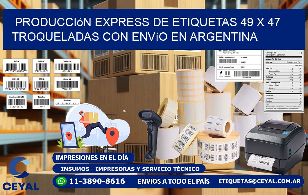 Producción express de etiquetas 49 x 47 troqueladas con envío en Argentina