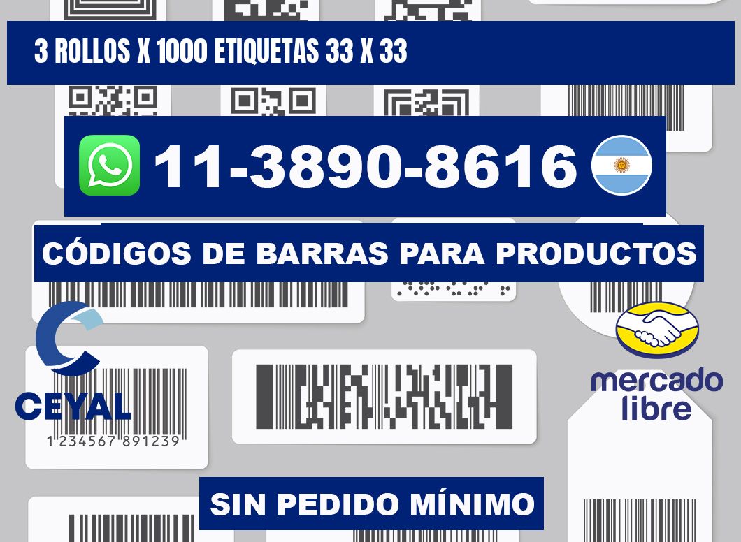3 rollos x 1000 etiquetas 33 x 33