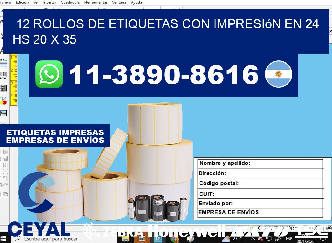 12 rollos de etiquetas con impresión en 24 hs 20 x 35