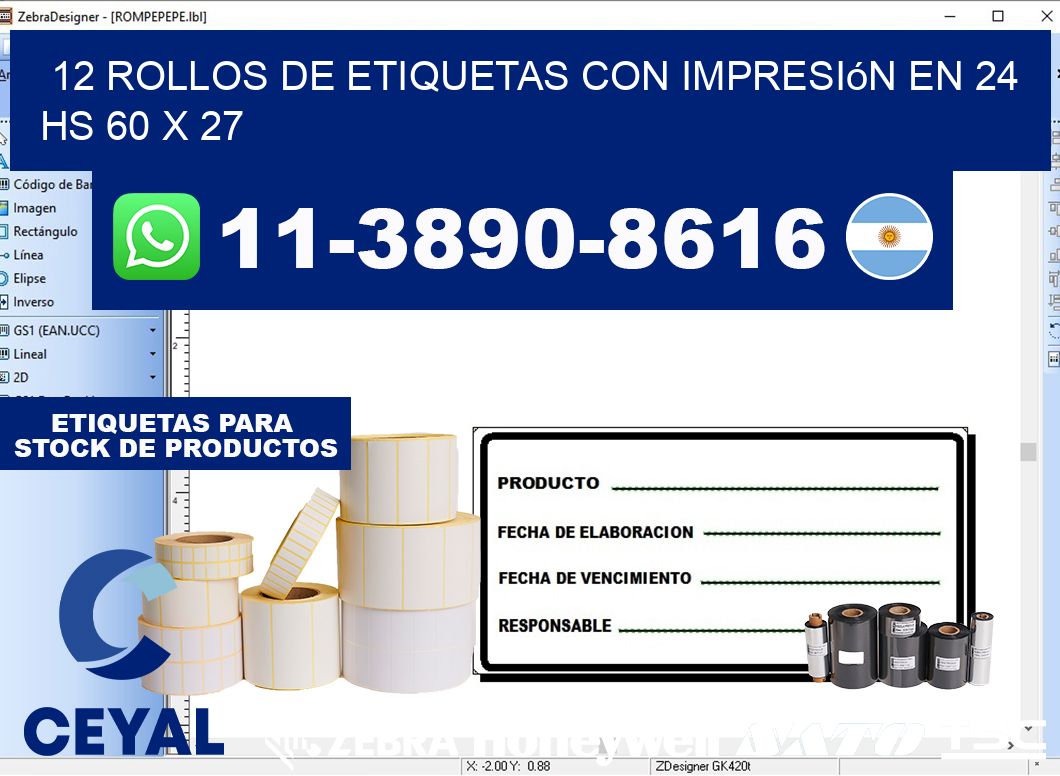 12 rollos de etiquetas con impresión en 24 hs 60 x 27