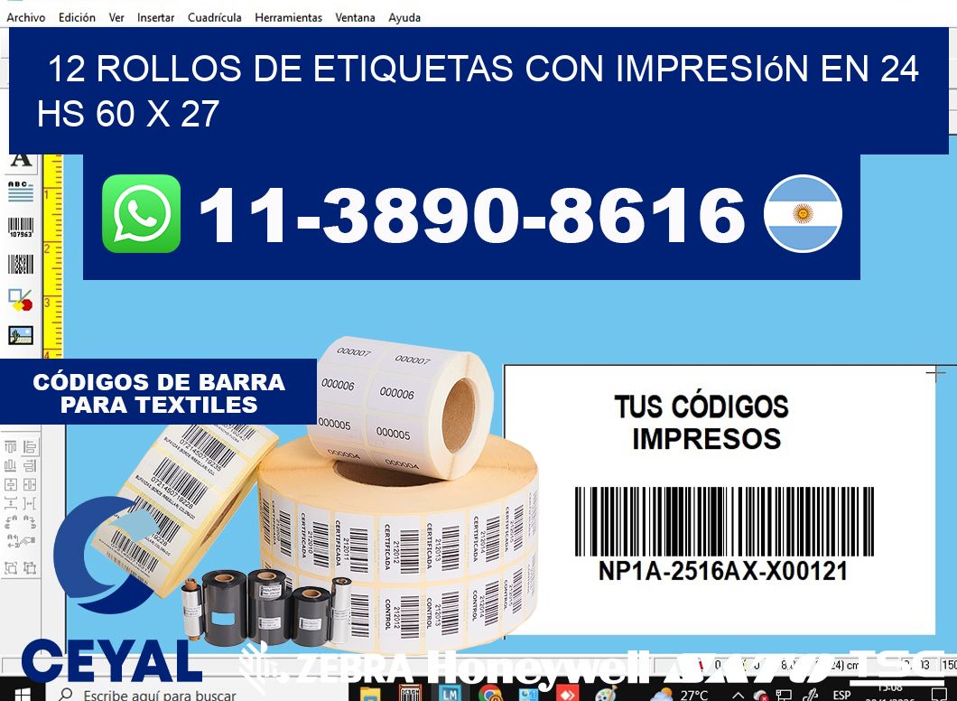 12 rollos de etiquetas con impresión en 24 hs 60 x 27