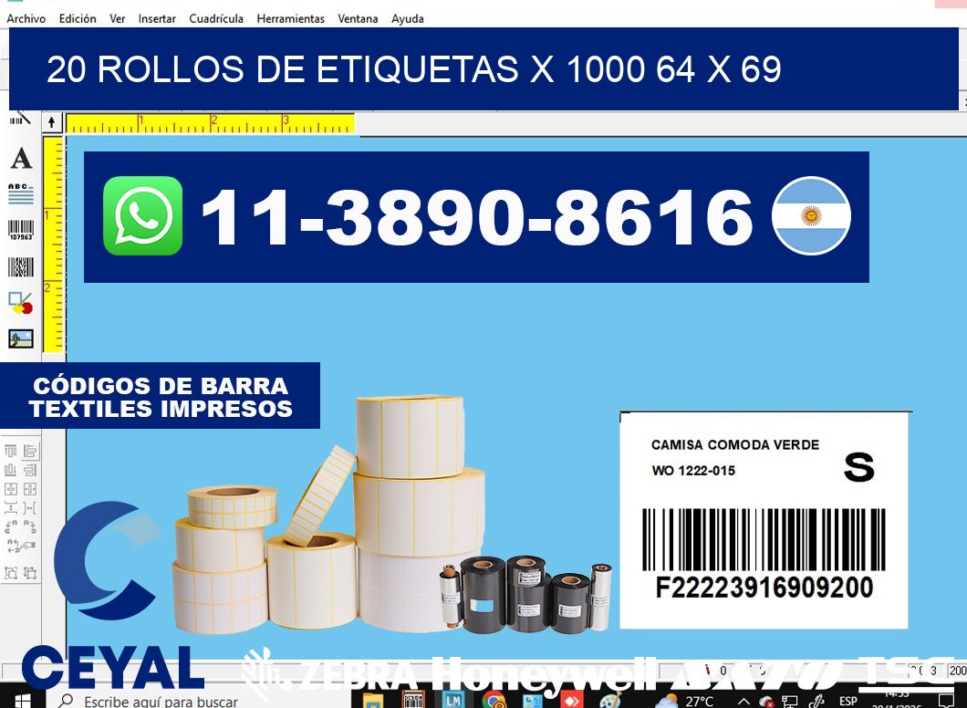 20 rollos de etiquetas x 1000 64 x 69