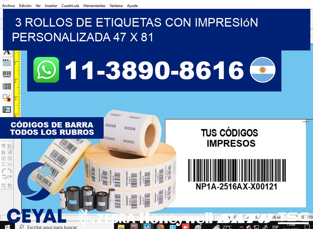 3 rollos de etiquetas con impresión personalizada 47 x 81