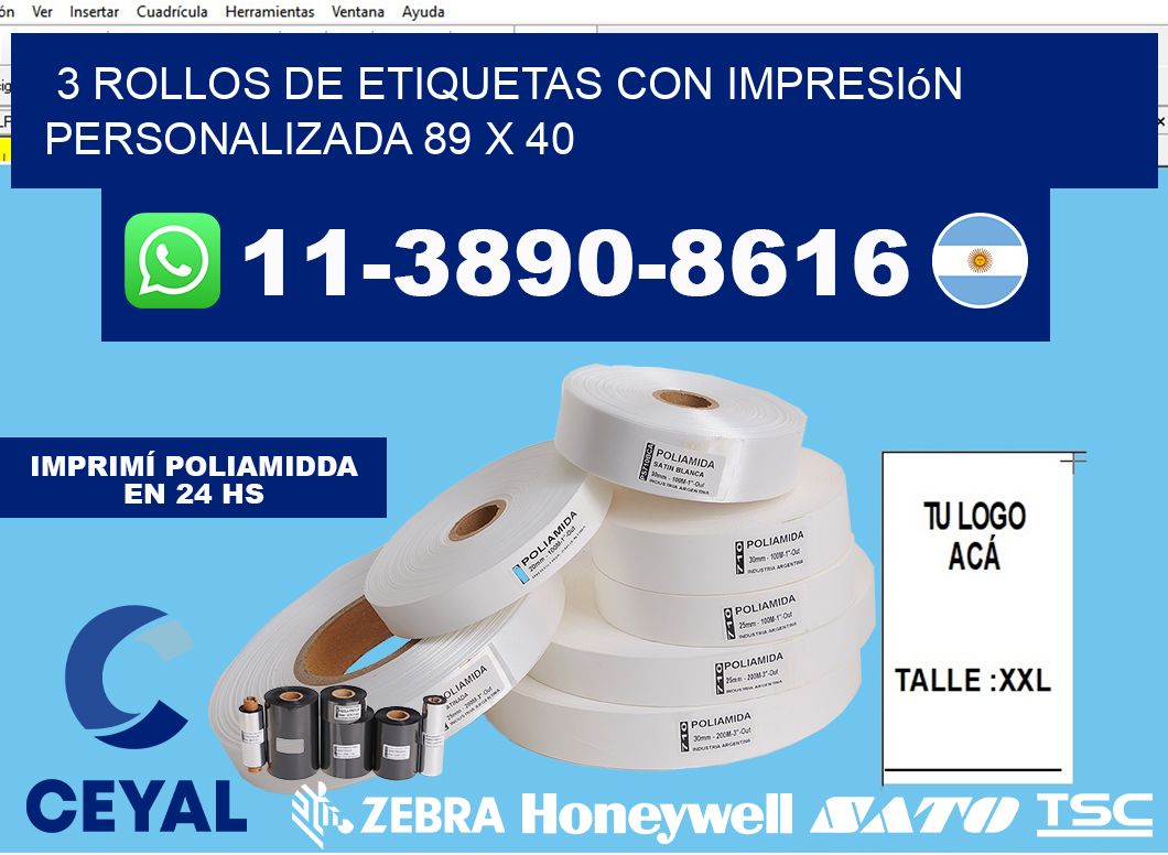 3 rollos de etiquetas con impresión personalizada 89 x 40
