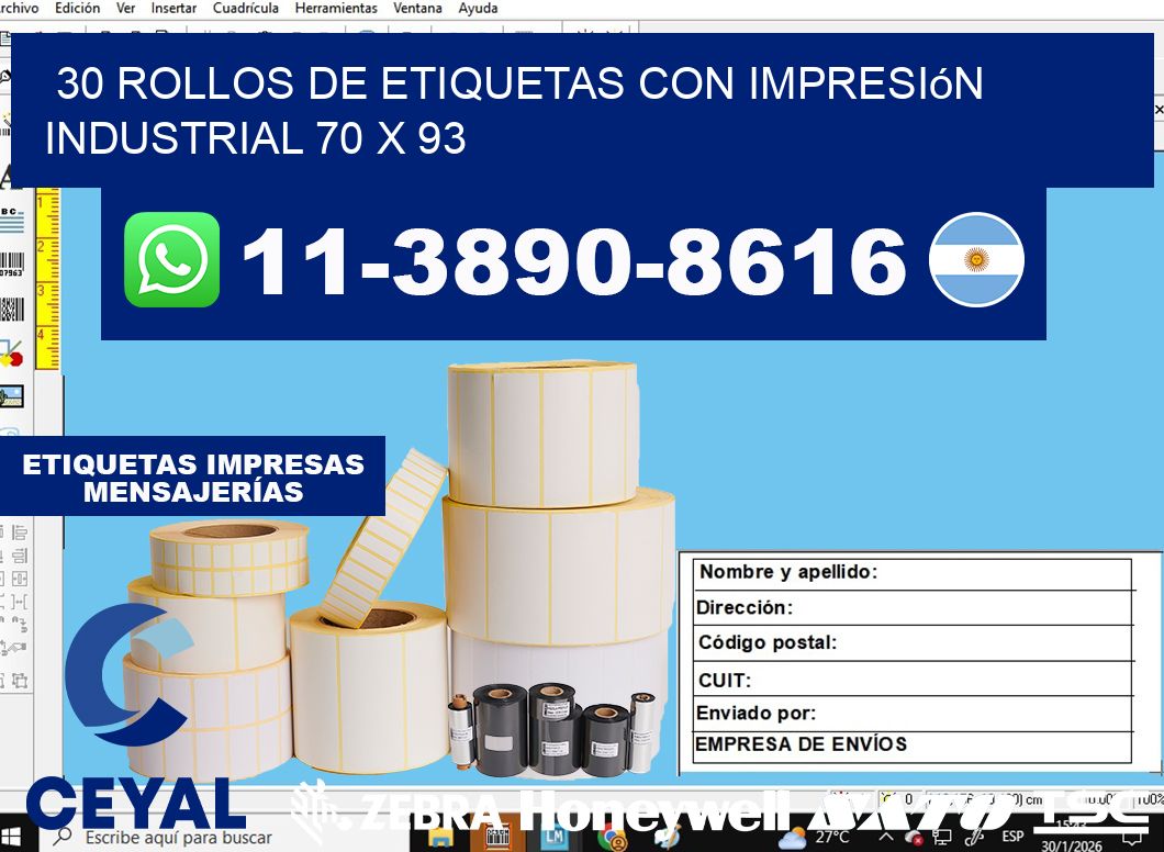30 rollos de etiquetas con impresión industrial 70 x 93