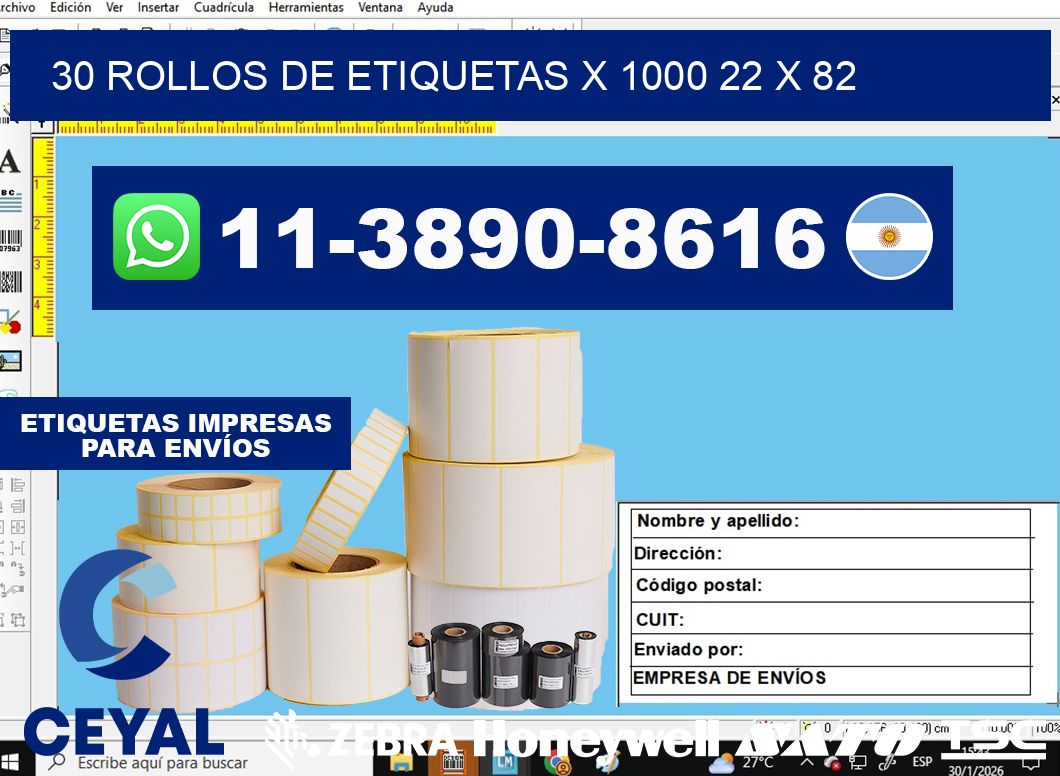 30 rollos de etiquetas x 1000 22 x 82