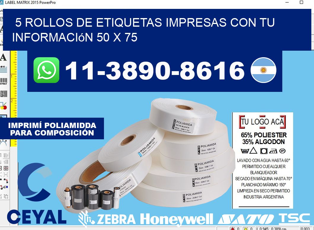 5 rollos de etiquetas impresas con tu información 50 x 75
