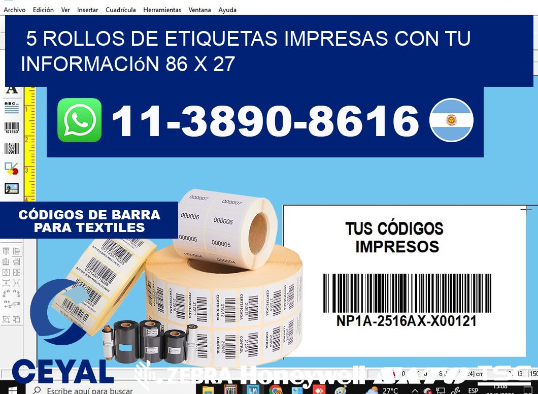 5 rollos de etiquetas impresas con tu información 86 x 27