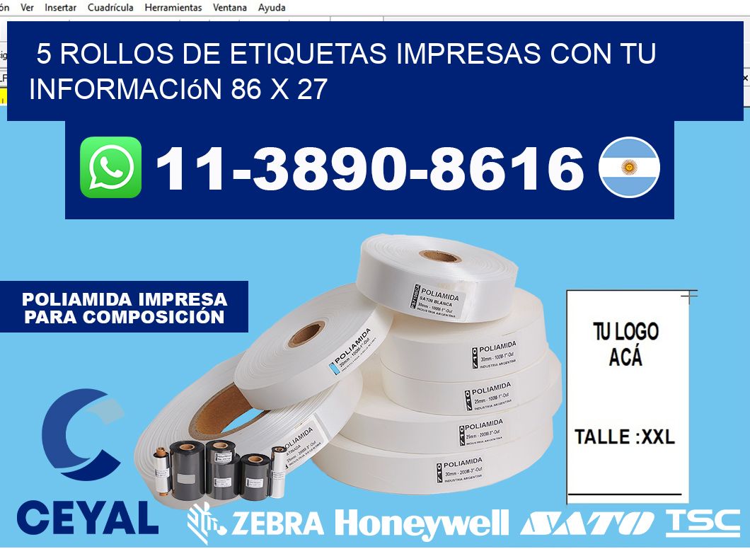 5 rollos de etiquetas impresas con tu información 86 x 27