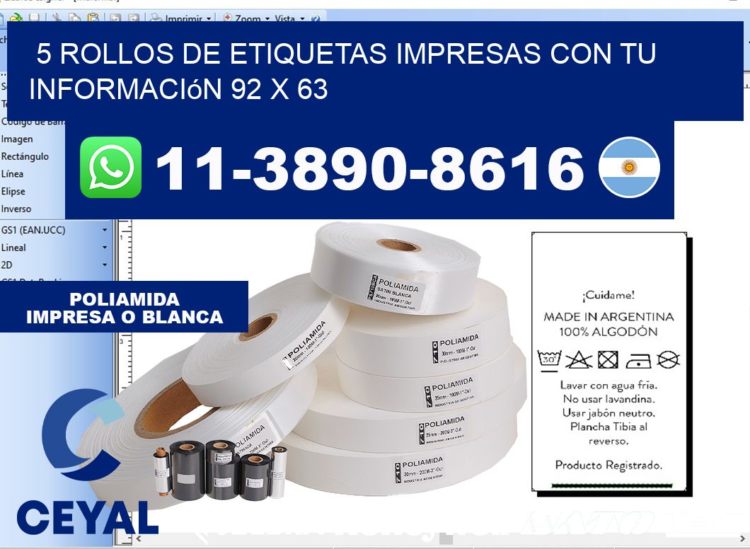 5 rollos de etiquetas impresas con tu información 92 x 63