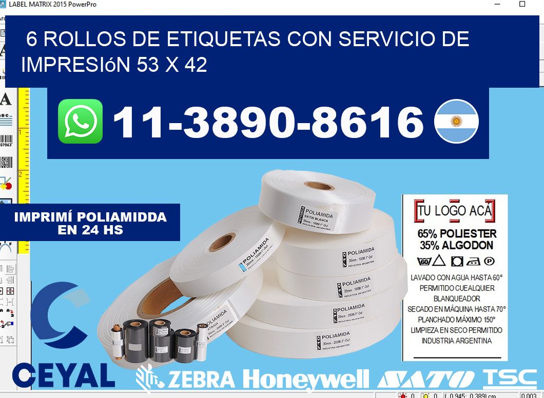 6 rollos de etiquetas con servicio de impresión 53 x 42