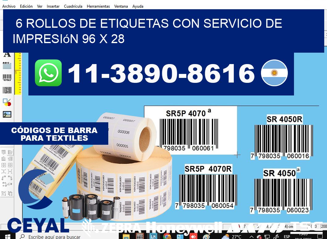 6 rollos de etiquetas con servicio de impresión 96 x 28