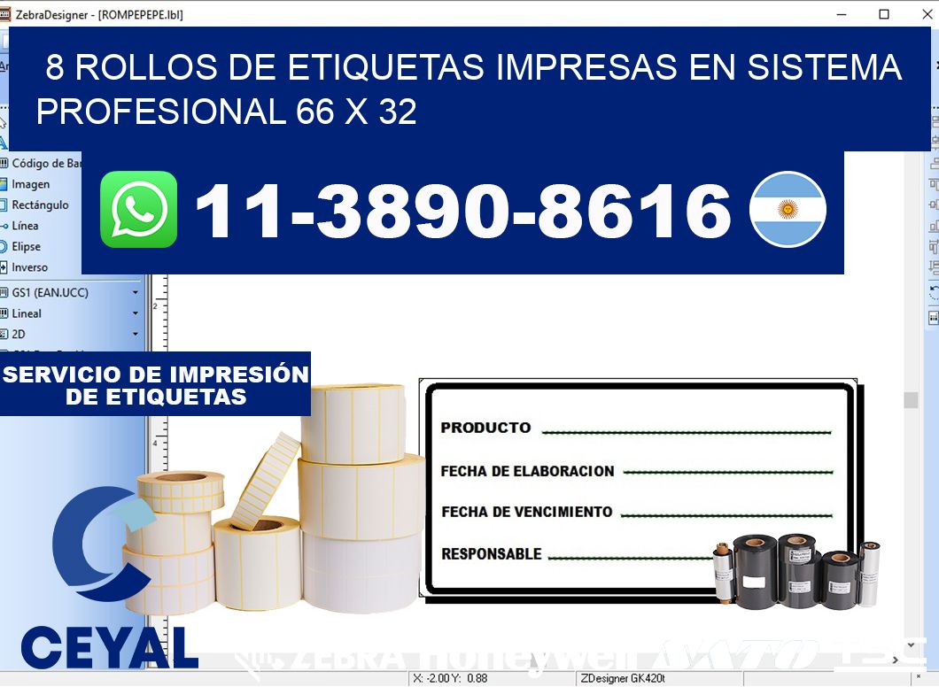 8 rollos de etiquetas impresas en sistema profesional 66 x 32