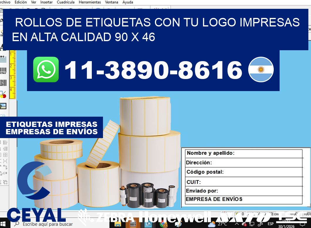 rollos de etiquetas con tu logo impresas en alta calidad 90 x 46