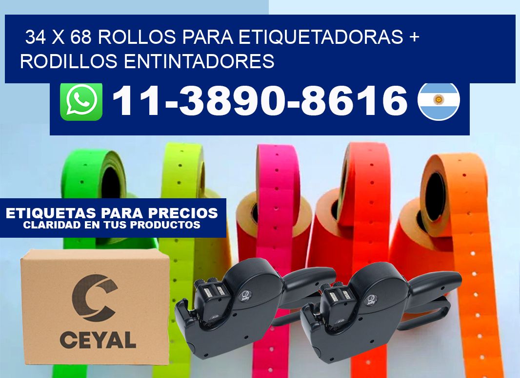 34 x 68 rollos para etiquetadoras + rodillos entintadores